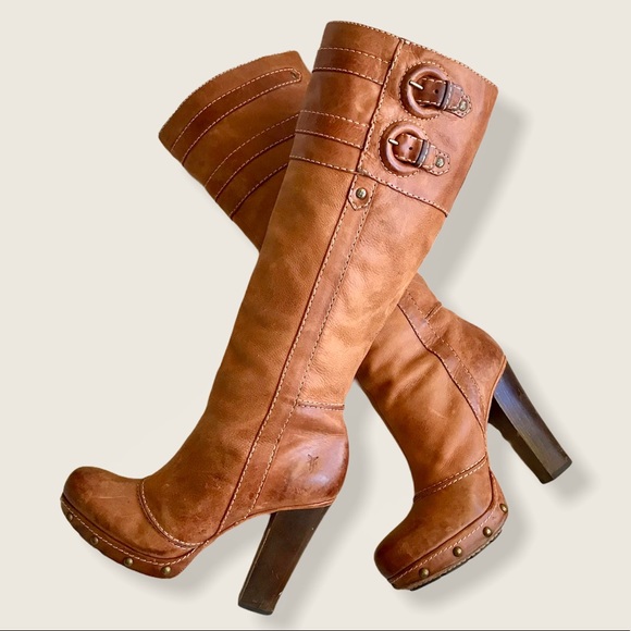 Frye Frankie Over the Knee Buckle Stud Heeled Boot - Picture 1 of 16